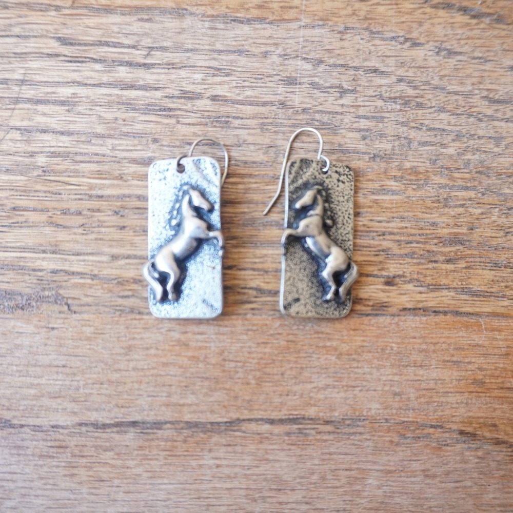 Women's Silver Rearing Horse Rectangular Drop Earrings Boho Western Equestrian
